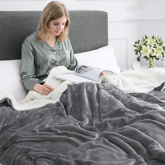 MOONLIGHT20015 Sherpa Fleece Twin Blanket - (Grey, 60X80 Inches) Warm and Fluffy Blankets for Winter - Reversible Thick and Cozy Twin Size Blankets for Bed, Camping and Travel