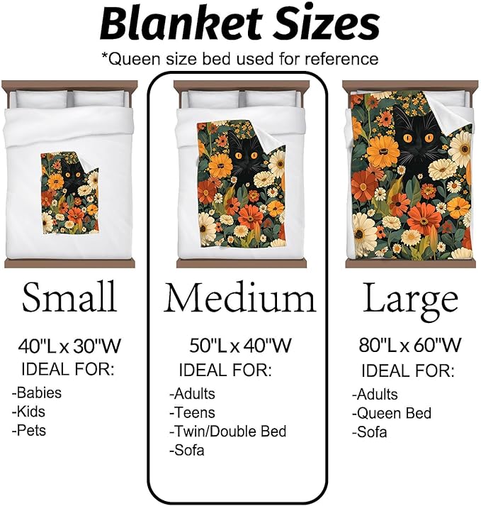 Black Cat Blanket Cute Orange Eyes Kitten Surrounded by Autumn Flowers Throw Blankets Lightweight Flannel Throws for Camping Couch Chair Office Home Decor Gifts for Pet Lover,50x40inch
