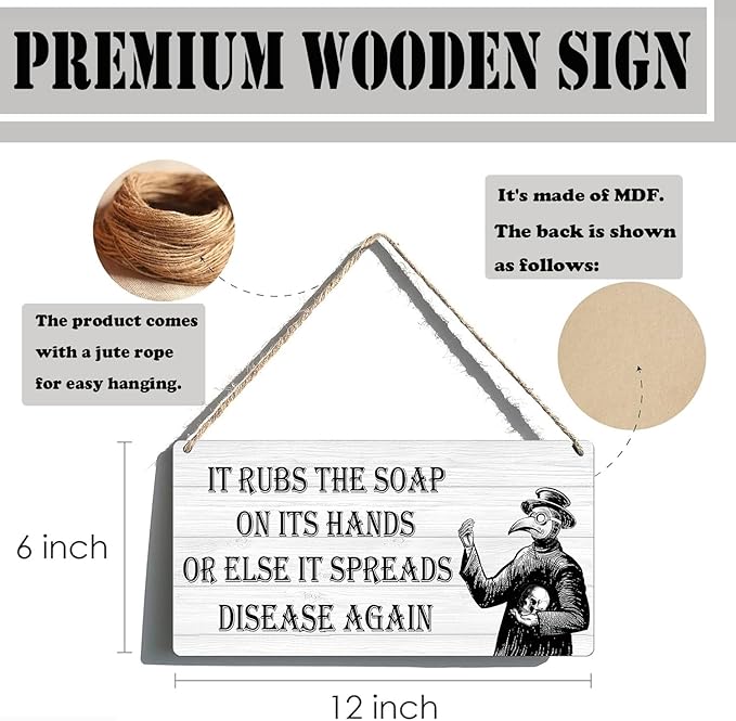 Gothic Bathroom Decor, Funny Bathroom Signs - Bathroom Wall Art for Goth Room Plague Doctor Decor, Dark Academia Decorations - Plague Doctor Wash Your Hands Sign 6x12 Inch