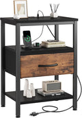 DUMOS Bedside Table with Charging Station and Adjustable Fabric Drawer Compact Nightstand 3-Tier Storage Organizer End Table for Bedroom,Black and Brown