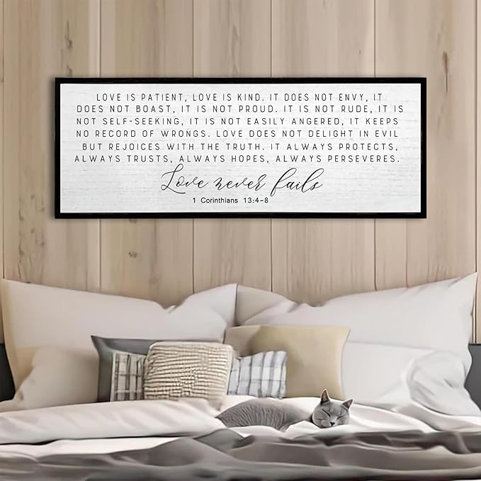 Love is Patient Love is Kind Wall Decor 40"X15" Large Bible Verse Quote 1 Corinthians 13 For Bedroom Above Bed Christianity bible Verse Couple Sign Hanging Wood Framed Wall Art (Black）