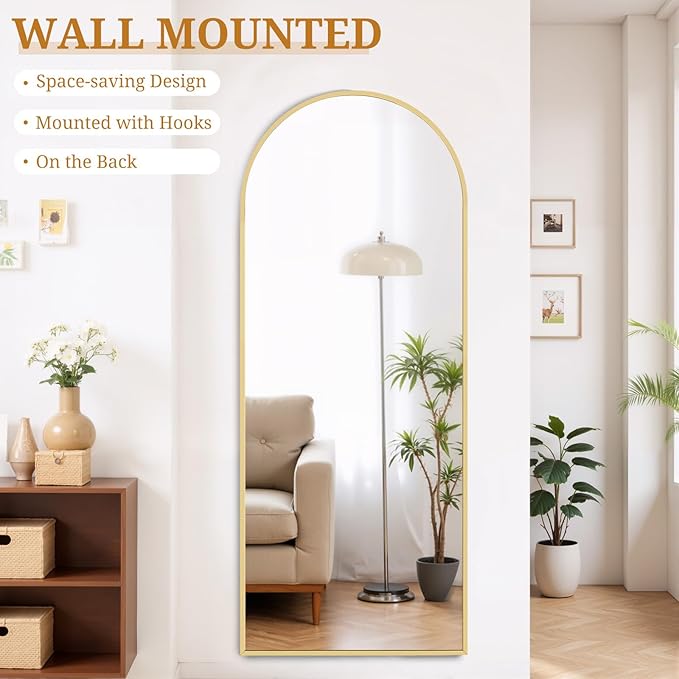 Full Length Mirror 65"x24" Full Body Mirror Arched Free Standing Wall Mounted Leaning Floor Mirrors with Stand Aluminum Alloy Frame for Bedroom Cloakroom, Gold