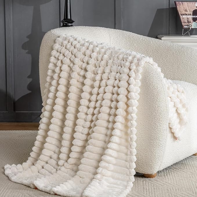 Wider Striped 380gsm Thick Beige Throw Blanket for Couch Super Soft Cozy Blankets for Women Fuzzy Fleece White Blanket for Bed Sofa 50x60