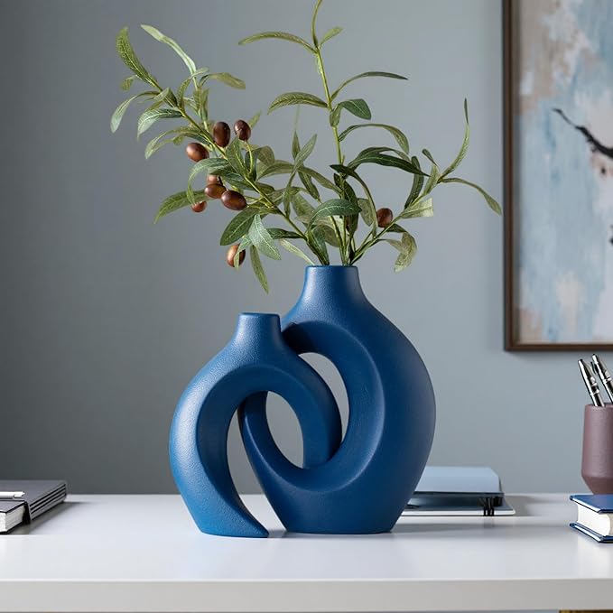 Liotww Snuggle Hollow Ceramic Vase Set of 2, 8.4 Inch Hug Donut Modern Nordic Boho Style Vases for Home Decor Anthropologie Aesthetic Living Room Shelf Coffee Table Decorative (Navy Blue)