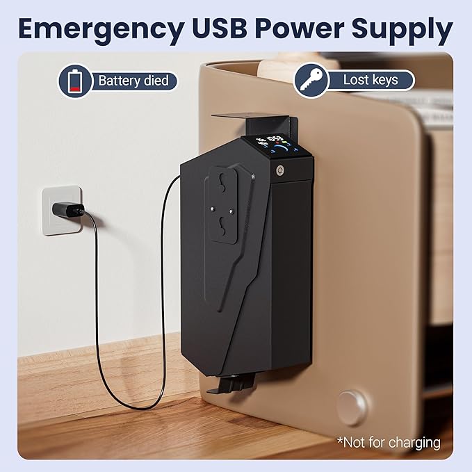 Quick Access Biometric Bedside Gun Safe for handgun, 2 in 1 Mounted Drop Down Nightstand Pistol Safe with Fingerprint & Passcode & Key 3 Ways