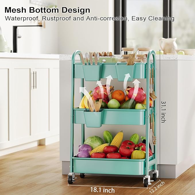 Green 3 Tier Rolling Cart Metal with Lockable Wheels, Three Tiered Craft Cart Organizer on wheels, Utility Storage Carts for Art, Baby Supplies, Diaper Caddy, Snack, Pantry, Nail, Lash, Cleaning
