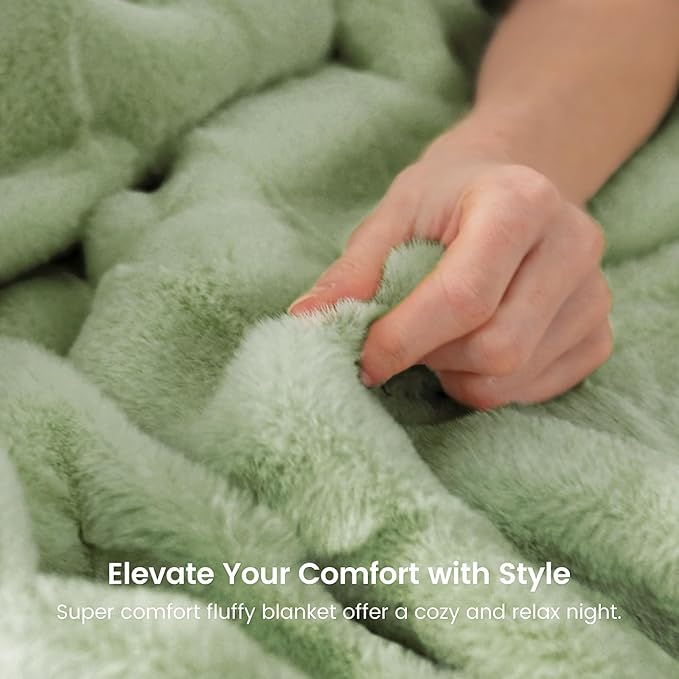 Cozy Bliss Fluffy Faux Fur Blanket Queen Size for Bed, Fuzzy Soft Striped Plush Blanket, Thick Throw for Bedroom Couch Gift, 90x90 Inches Sage Green