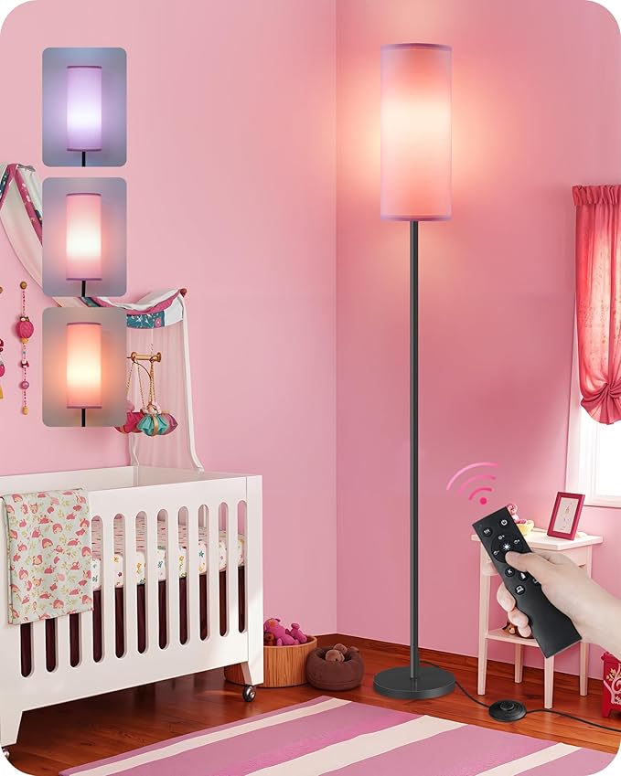 Dimmable Pink Floor Lamp for Living Room with Remote and Foot Switch, Corner Floor Lamp for Bedroom, 64.4" Standing Tall Lamp, 10W 900LM Bulb Included, 3000K-6500K, Linen Shade, FCC Listed P06LD05W1