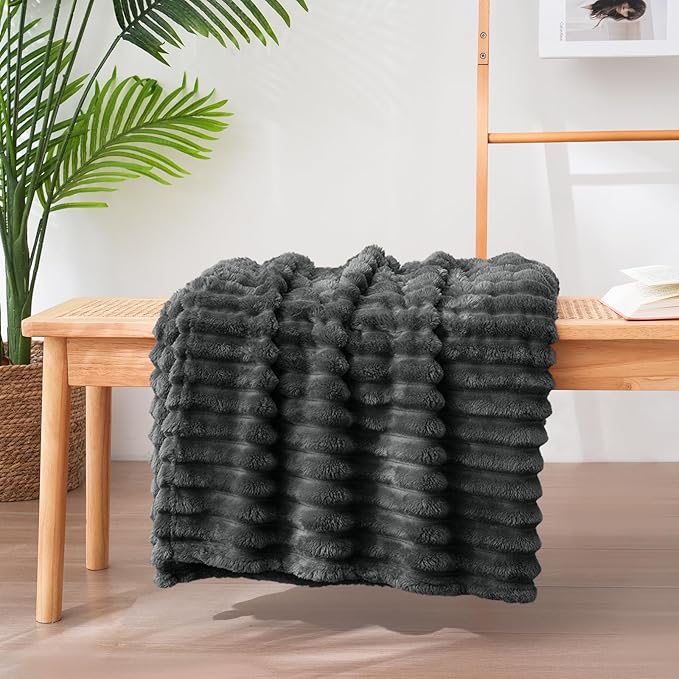 Vessia Flannel Fleece Throw Blanket for Couch,Sofa,Bed, 300GSM Striped Grey Throw Blanket for Adults and Kids, Super Soft Warm Cozy Lightweight Home Decor for All-Season(50x70inch)