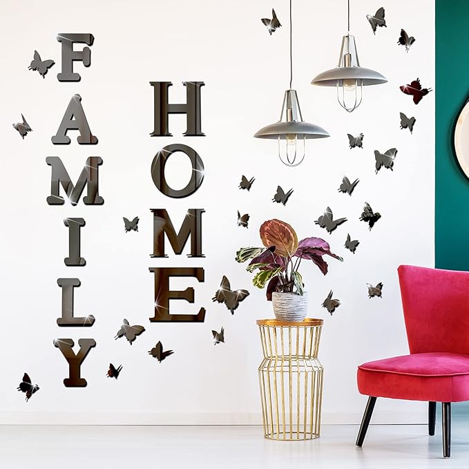 Outus 3D Family Home Sign Letters Living Room Decor Family Rustic Farmhouse Wall Decor Acrylic Mirror Decorative Butterfly Mirror Wall Sticker Decals for Living Room Bedroom Kitchen (Black)