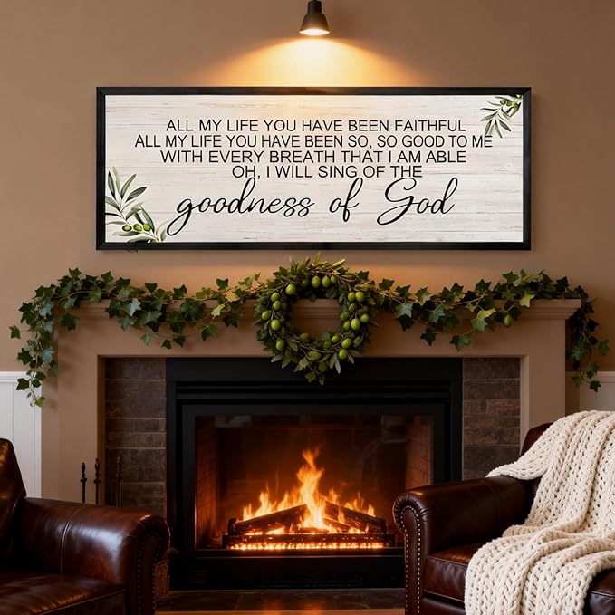 Goodness of God Christian Wall Decor: 40x15 Inch Large Framed Christian Inspirational Wall Art, Religious Scripture Quote Wooden Sign, Black Frame Christian Home Decor for Living Room Bedroom, Black