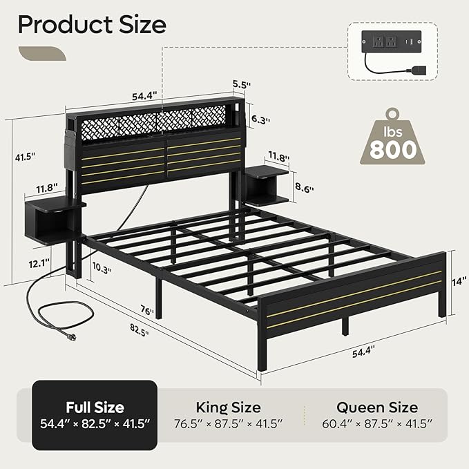 Bestier Full Bed Frame with Horizontal Golden Stripe Storage Headboard&LED Nightstands, Metal Platform Bed with Charging Station, Heavy Duty Metal Slats, No Box Spring Needed, Noise Free(Matte Black)