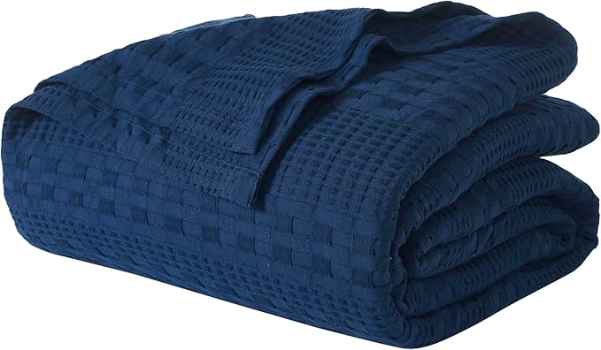 VHC Brands 100% Cotton Waffle Weave Twin Blanket 66"x90", Decorative Lightweight Spring and Summer Throw Blanket, Bedroom Decor for Bed, Couch, or Sofa, Navy