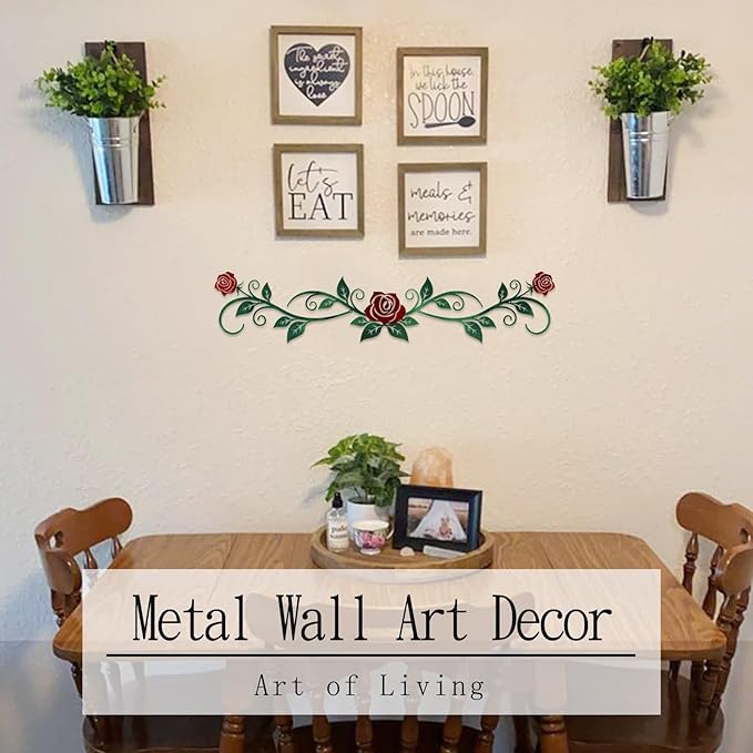 AHYS Metal Flowers Wall Decor Rustic Flat Rose Vine Wall Art for Farmhouse Home Living Room Bedroom for Above Door /Bed /Windows Decor (Green & Red) - 29x6.3 Inches