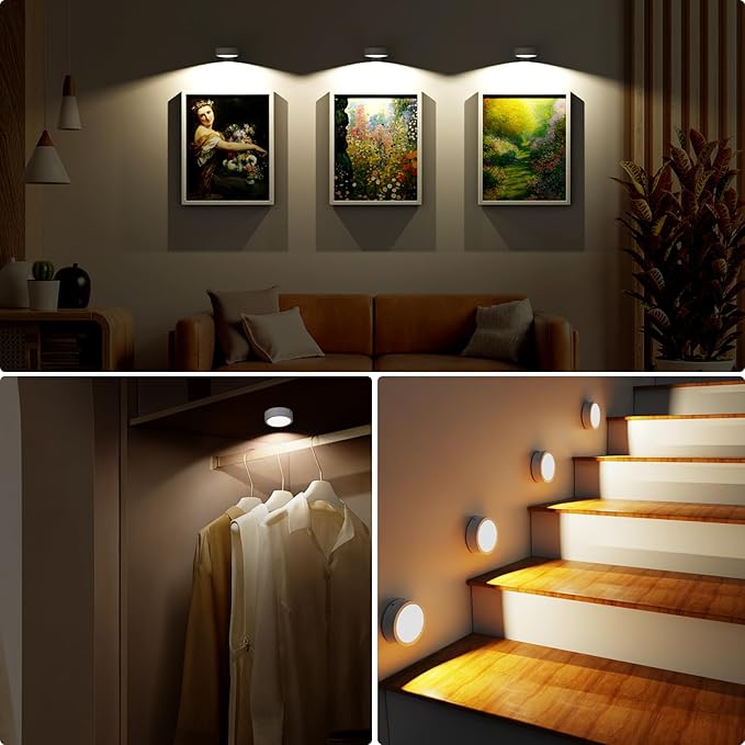 6 Pack Picture Lights for Wall, Rechargeable Battery Operated Wall Lights, Picture Frame Lights with 3 Lighting Modes, Wireless Magnetic Painting Light with Remote Control Timer, (White)