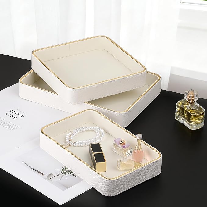 PU Leather Valet Tray Key Dish for Entryway Table Cologne Perfume Makeup Organizer for Dresser Vanity Decorative Tray for Phone Wallet, 9.5" x 6.1" x 1.5"