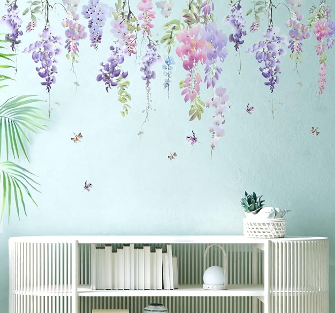 Purple Flowers Wall Decals Peel and Stick, Large Hanging Floral Vinyl Wall Stickers, Removable Vine Home Decor Art for Bedroom Living Room Classroom Office