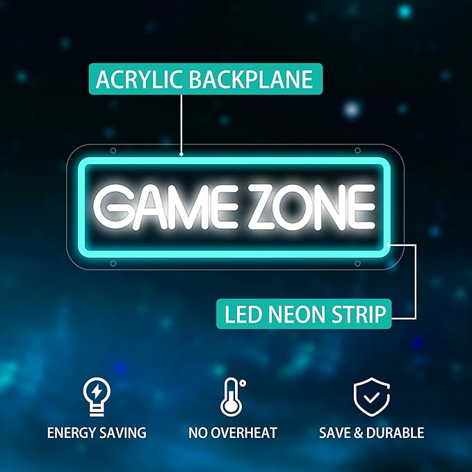 Game Zone Neon Sign, Game Zone Led Signs for Wall Decor, Dimmable Neon Light Sign for Bedroom, Play Room, Kids Room, Bar Decoration, USB Powered Light Up Neon Signs for Party Decor