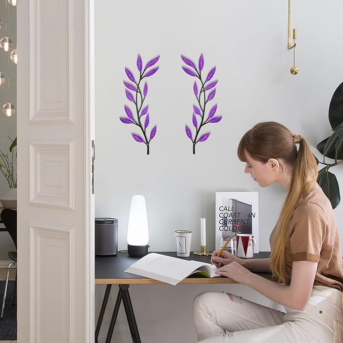 AHYS Metal Tree Leaf Wall Decor 2 PCS Rustic Vine Branch Leaf Wall Art for Living Room Bedroom Bathroom Decorations - Purple