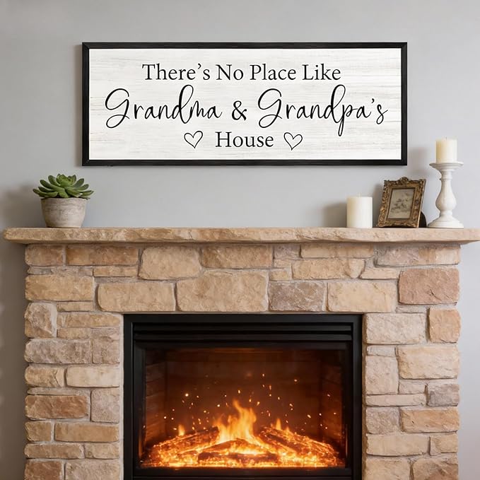 There’s No Place Like Grandma and Grandpa’s House Wall Decor: 32x12 Inch Framed Wooden Family Quote Sign, Rustic Farmhouse Wall Art for Grandparents’ Home, Living Room or Entryway, Black
