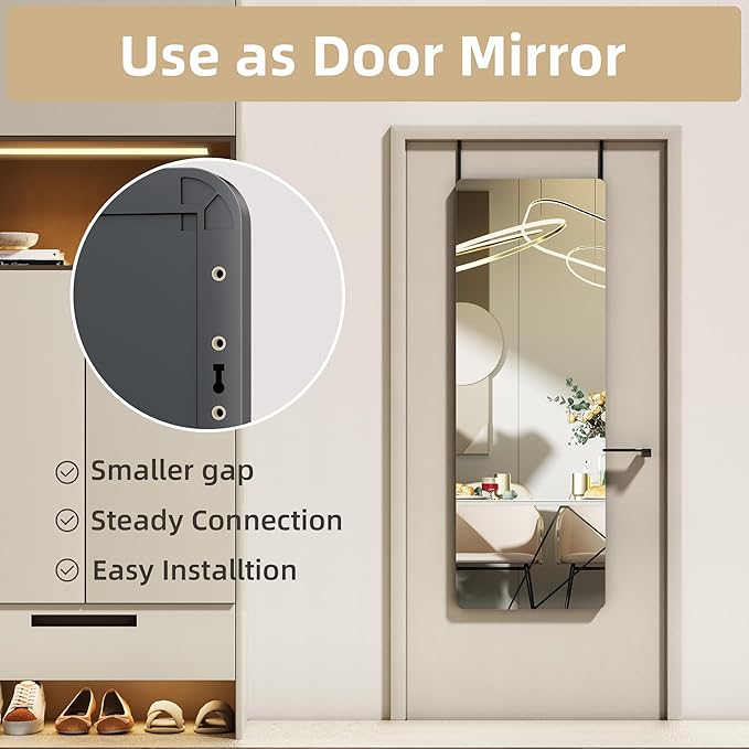 Hasipu Door Mirror Full Length, 47"x 16" Full Body Over The Door Hanging Wall Mounted Mirror for Bedroom, Living Room, Cloakroom, Round Black