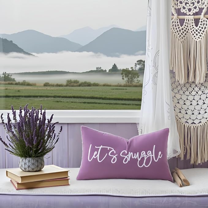 Sunkifover Let's Snuggle Decorative Lumbar Pillow Cover - 14x24 Inch Purple and White Cotton Embroidery Throw Pillowcase for Bed, Bedroom, Living Room, Home Decor