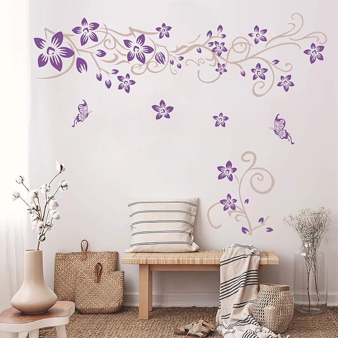 Supzone Flowers Vine Wall Decals - Purple Flowers Stickers With Butterflies, Removable Vinyl DIY Home Art for Bedroom, Living Room, Sofa Backdrop, TV Decoration