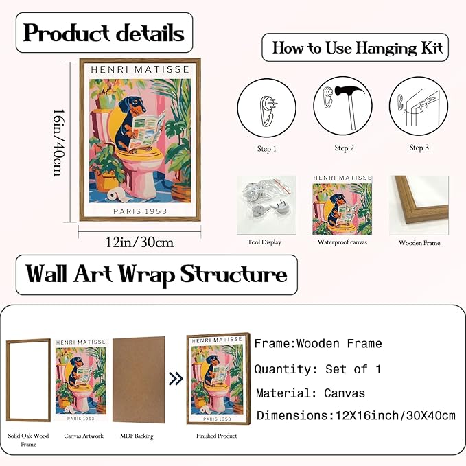 Funny Dog Bathroom Wall Art Henri Matisse Dachshund Bathroom Wall Decor Picture Whimsical Puppy Reading Newspaper in Toilet Poster Painting Canvas Print 12x16 inch Wood Framed