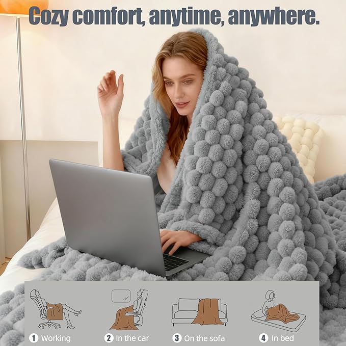 Heated Blanket Throw 50" x 60" Soft Ribbed Faux Fur Flannel Fast Heating 12 Heat Levels 1–12H Timer & Overheat Protection & Auto Shut-Off & ETL FCC & Machine Washable Heated Throw