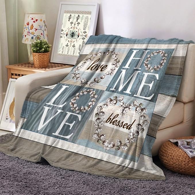Rustic Floral Flower Sweet Love Home Fabric Throw Blanket, Farmhouse Country Vintage Wood Plank Cotton Soft Warm Fleece Blanket for Living Room Couch Bed Chair or Dorm, 50"x60"