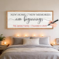 New Home, New Memories, New Beginnings Wall Decor Sign – 32x12 Inch Framed Wooden Sign with Writable Family Name & Year Space, Rustic Farmhouse Housewarming Gift for New Home, Entryway, Living Room, Natural
