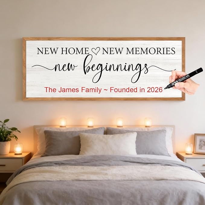 New Home, New Memories, New Beginnings Wall Decor Sign – 32x12 Inch Framed Wooden Sign with Writable Family Name & Year Space, Rustic Farmhouse Housewarming Gift for New Home, Entryway, Living Room, Natural