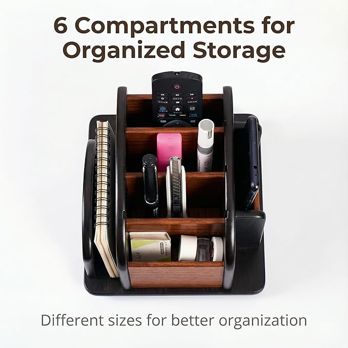 Wooden Desk Organizer with 6 Compartments, Remote Control Holder, Office Storage Caddy, Black and Brown Desk Organizer for Office Supplies