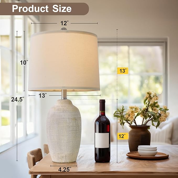24 inch Vintage Ceramic Table Lamp with 5FT Cord - Single Farmhouse Rustic Bedside Lamp with Natural Textured Finish, Nightstand Lamps for Living Room, Bedroom, End Table Beige
