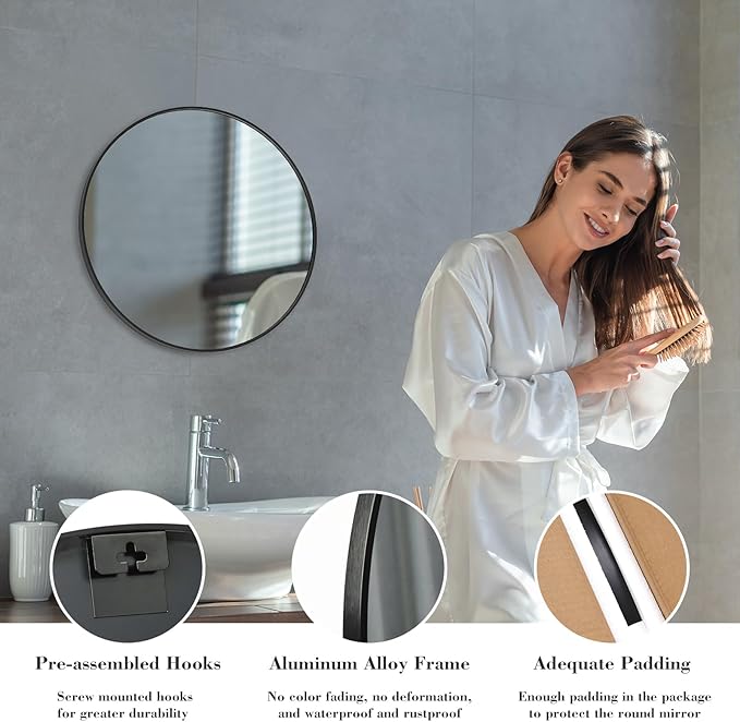 Sweetcrispy 20-inch Black Round Wall Mirror, Circle Bathroom Mirrors with Metal Frame, Wall-Mounted Mirrors for Living Room, Bathroom, Entryway