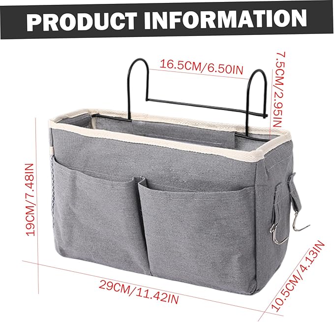 Large Capacity Bedside Storage Organizer - Cotton Linen Bedside Caddy with Pockets Hooks for Headboards Bunk Bed/ 11x4x7.5