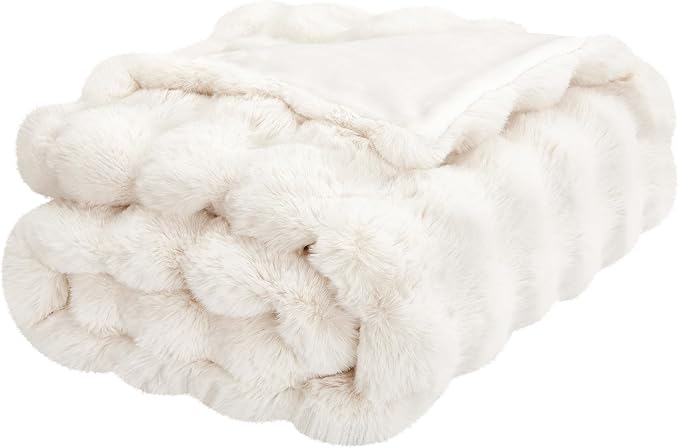 JONIYEAR Extra Large Soft Fuzzy Bubble Faux Rabbit Fur Bed Blanket Queen Size 80" x 90", Decorative Big Thick Warm Fluffy Blanket for Winter, Luxury Cute Cozy Shaggy Comfy Furry Blankets, Cream White