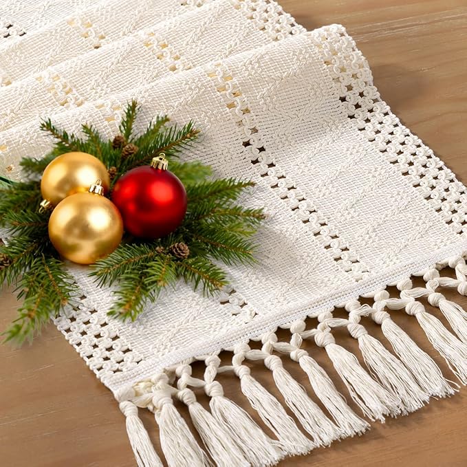 Socomi Boho Table Runner Easter Spring Farmhouse Rustic Dining Kitchen Centerpiece Decor Small Macrame Woven Cotton Linen Coffee Table Runner for Dresser Scarf Home Decor 12x60 inch Cream Ivory