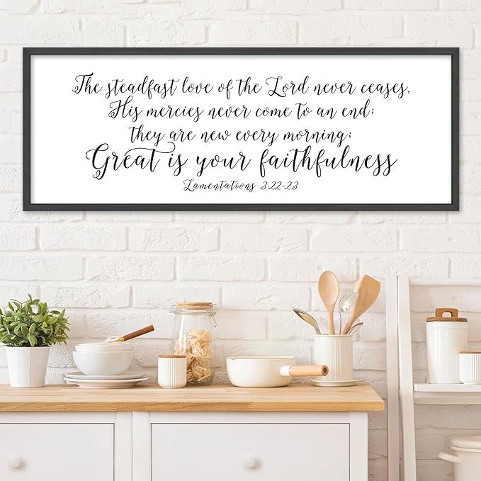 The Steadfast Love of The Lord Wall Decor 32"×12" Lamentations 3:22–23 reat Is Thy Faithfulness Sign Bible Verse Scripture Large Christian Religious Wall Hanging Art (Black)