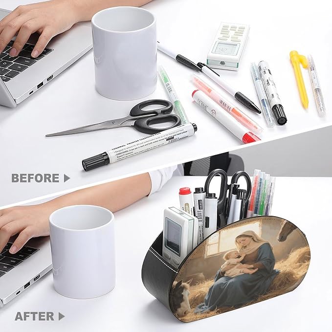 Virgin Mother Mary Remote Control Holder Organizer Box with 5 Compartment PU Leather Bedside Storage Caddy Remote Organizer for Controller Media Player Pen/Pencil Storage
