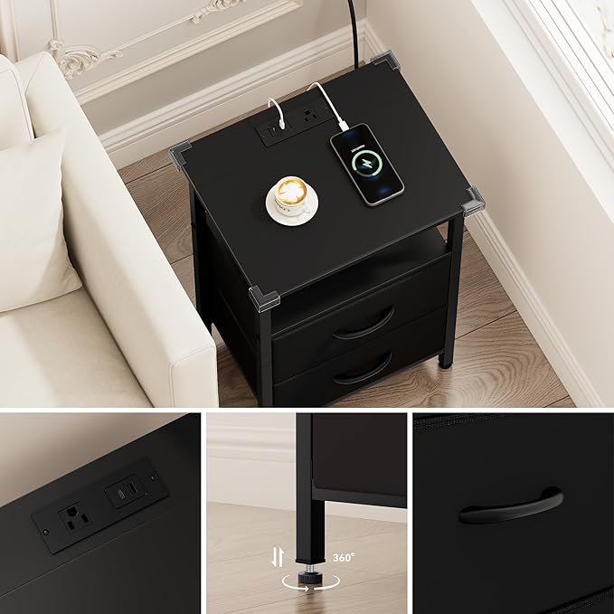 Vagusicc Nightstand Set of 2 with Charging Station, Bedside Table with Outlet & USB Ports, Black Night Stand with Fabric Drawers, 24.2" Tall Bed Side Table End Table with Open Shelf for Bedroom, Black