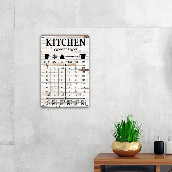 QIONGQI Funny Kitchen Quote Metal Tin Sign Wall Decor, Farmhouse Rustic Kitchen Conversions Sign for Home Decor Gifts(Wooden Style)