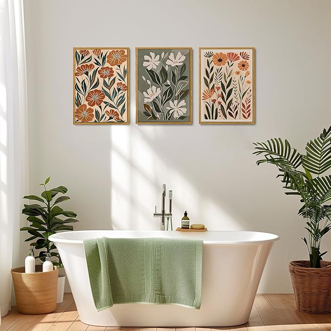Wodkwq 3 Piece Flower Market Canvas Wall Art Framed,Boho Floral Wall Art,Abstract Botanical Wall Decor,Green Wildflower Modern Minimalist Paintings For Living Room Bedroom Bathroom 12x16in