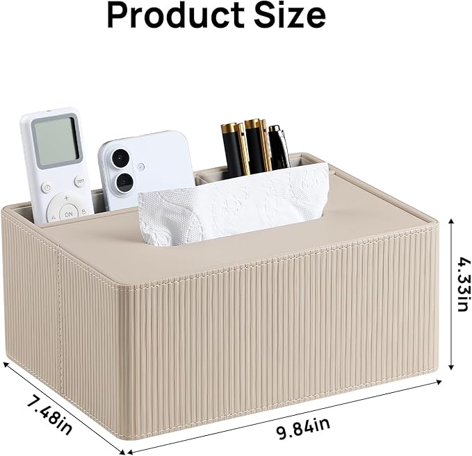 Tissue Box Cover Rectangle with 2 Compartments Remote Holder, PU Leather Tissue Box Holder Rectangle for Livingroom NightStand, Tissue Holder for 120(3-Ply)/160(2-Ply) Tissue Box (Beige)