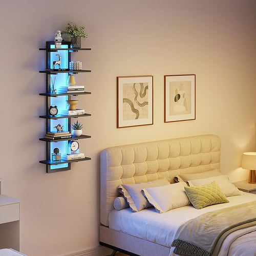6 Tier Wall Shelf Unit with LED Light, Black Floating Shelf, Vertical Display Shelf, Wall Decor for Bedroom Living Room, Vanity, 15" W x 5.9" D x 43.3" H