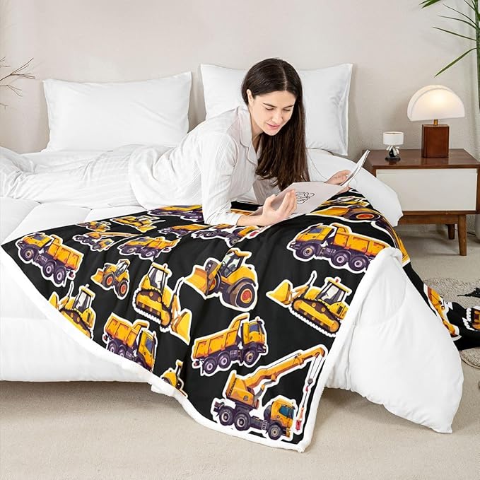 Excavator Sherpa Blanket Under Construction Fleece Blanket Cartoon Truck Tractor Blanket Throw For Kids Boys Young Backhoe Cranes Heavy Equipment Fuzzy Blanket Sofa Decor Queen 90"x90" Yellow