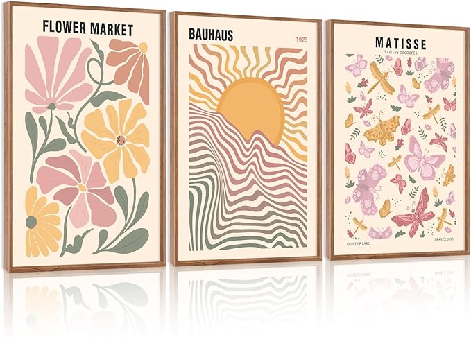 CHDITB Matisse Pink Framed Canvas Wall Art, Abstract Minimalist Wall Decor, Butterfly Floral Print, Sun Bauhaus Painting, Aesthetic Flower Market Artwork For Living Room Bedroom Decor 12"X16"x3