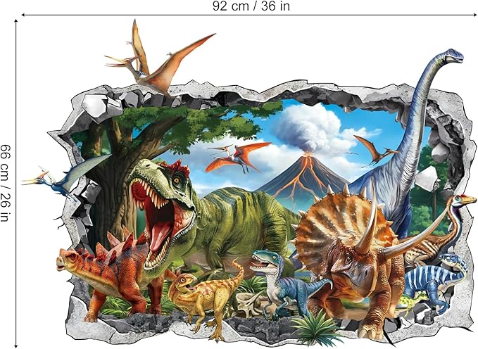 decalmile 3D Dinosaur Wall Stickers Large Dino Crack Hole Dinosaur Animals Volcano Wall Decals Boys Room Baby Nursery Kids Bedroom Wall Decor