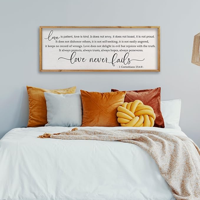 comurdyo Love is Patient Kind Sign 1 Corinthians 13:4-8 Wall Art Bible Verses 32X12 Inch Love Never Fails Wall Decor for Master Bedroom Above Bed (Wood)