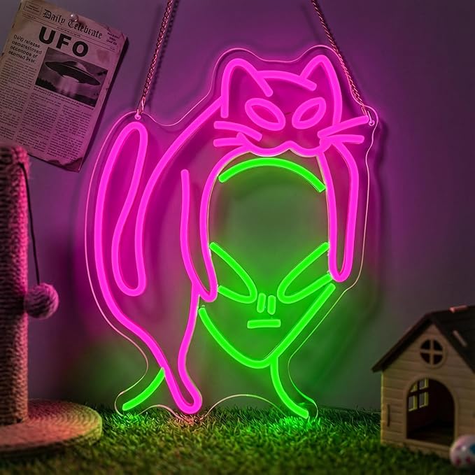 Alien Cat Neon Sign,Dimmable LED Neon Signs for Wall Decor,USB Powered Alien Neon Light for Bedroom, Game Room, Bar,Aesthetic Alien Cat Lover Decor